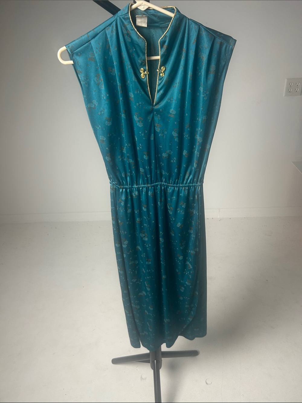 Teal Satin Mandarin Collar Midi Dress with Gold Accents
